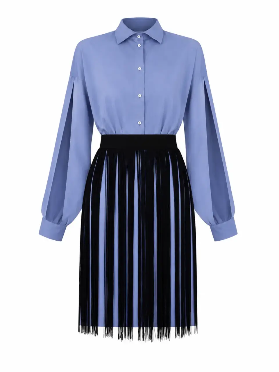 A shirt dress with slits on the sleeves and a fringed belt