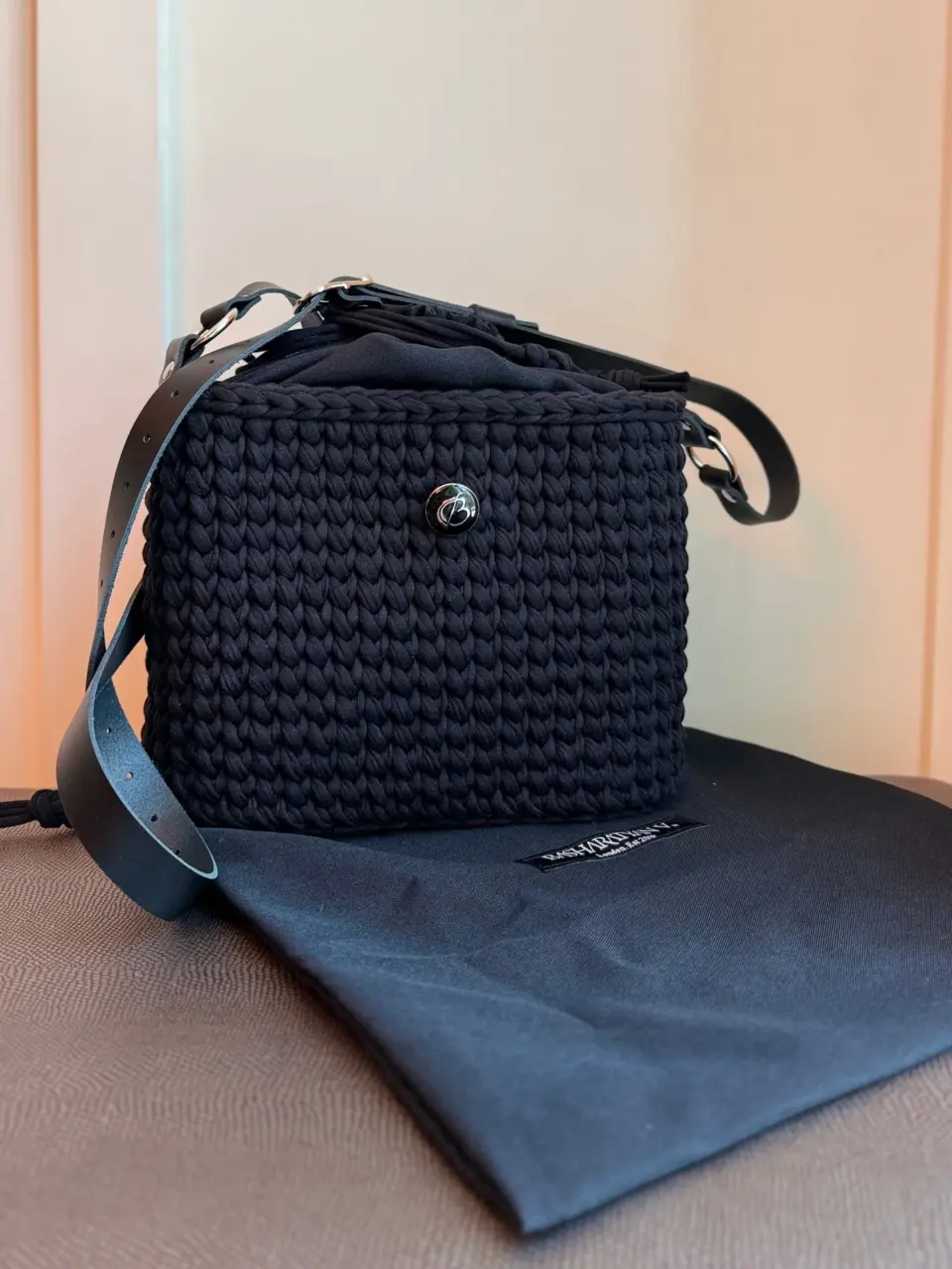 Hand knitted rectangular barrel bag
