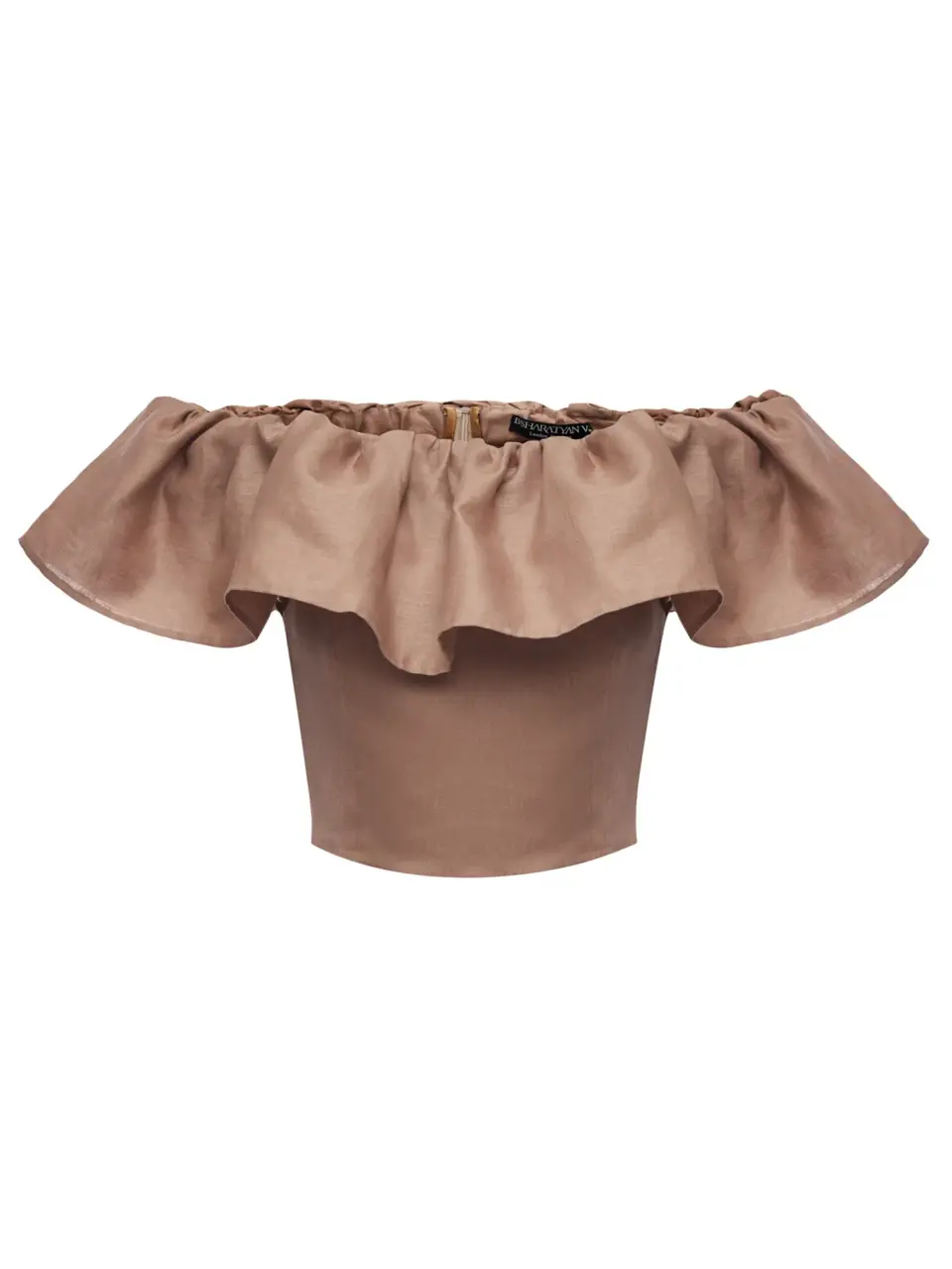 Cropped top with flounce in light italian linen - Cacao, Small