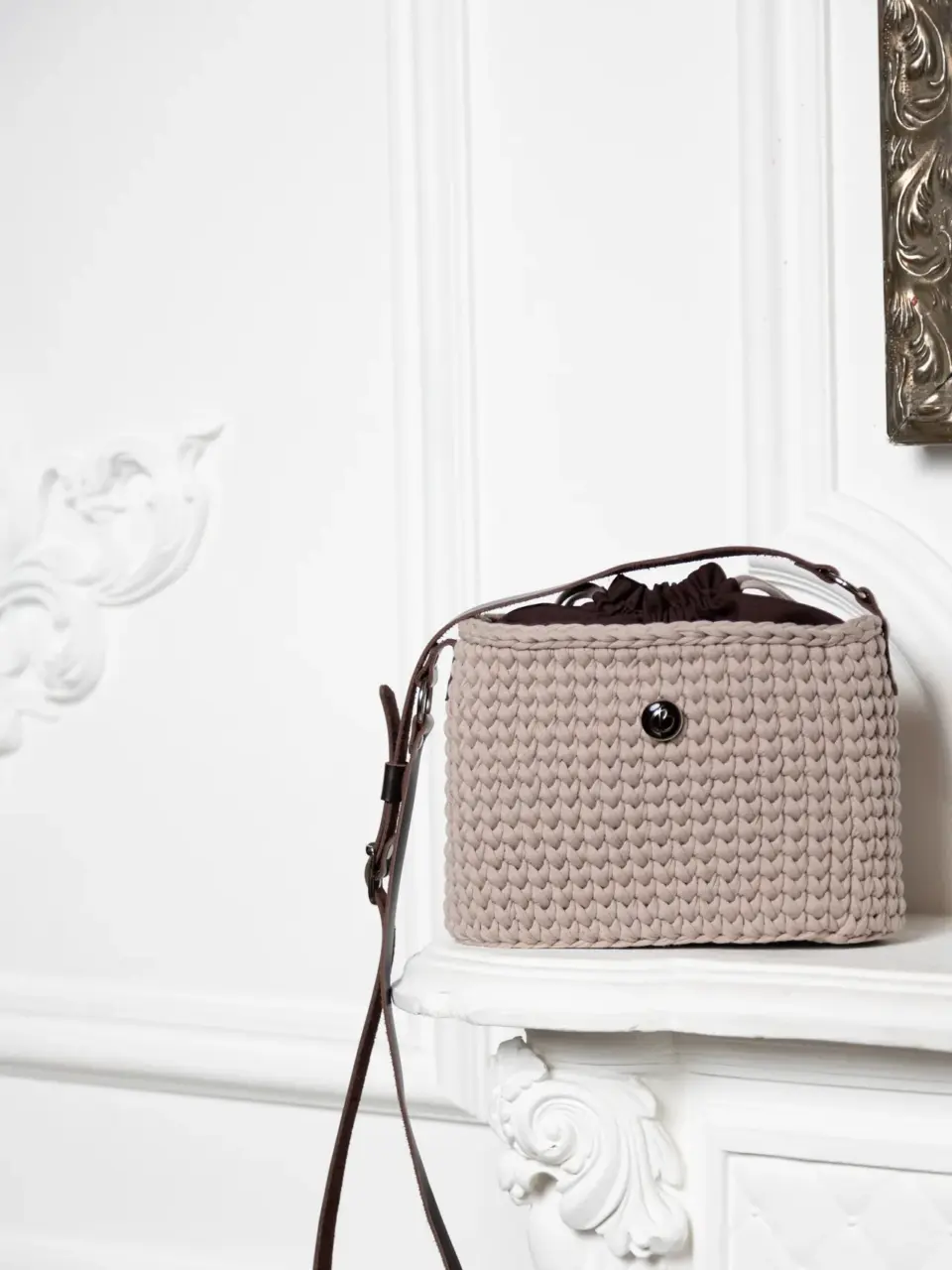 Hand knitted rectangular barrel bag