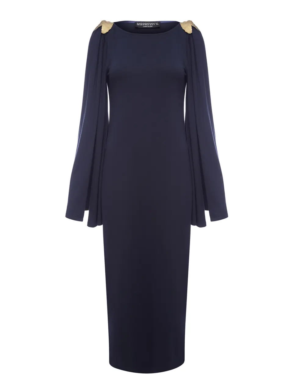 Midi bodycon dress with cape style sleeves and epaulettes decorated in gold leaves made of genuine python leather
