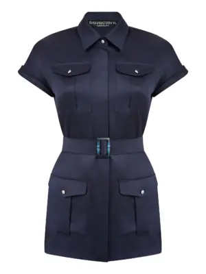 Удлинённая рубашка в стиле "Сафари" с карманами - Синяя, 44 (S)