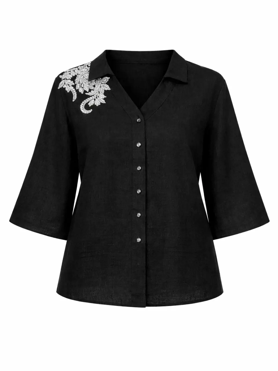 BV shirt with 3/4 sleeves in light italian linen with silver embroidery