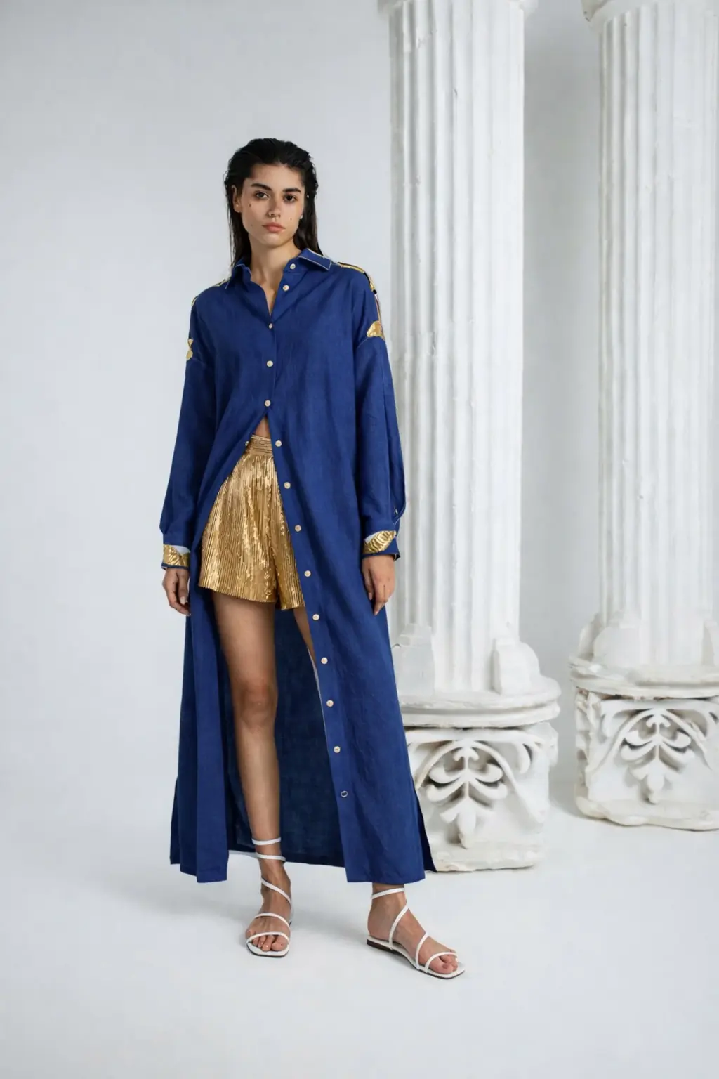 Classic BV maxi shirt with genuine python leather detailing Basharatyan V SS26 dop blue shirt model ultra