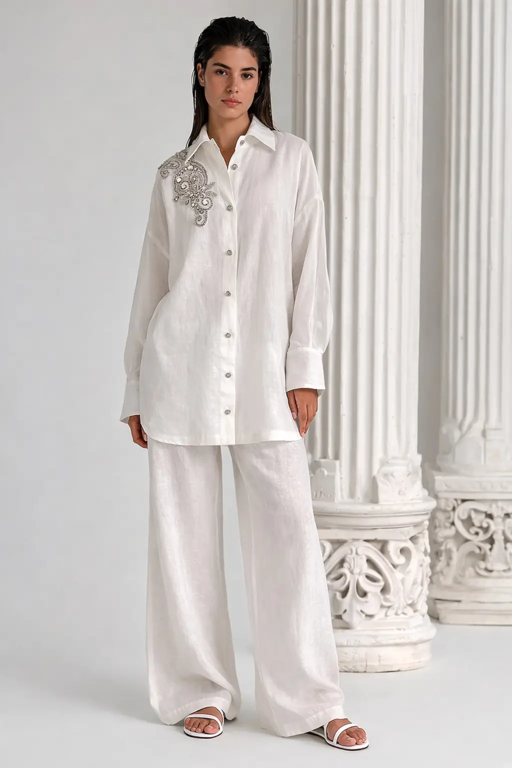 Classic BV shirt with silver embroidery Basharatyan V SS26 dop linen set model maxres