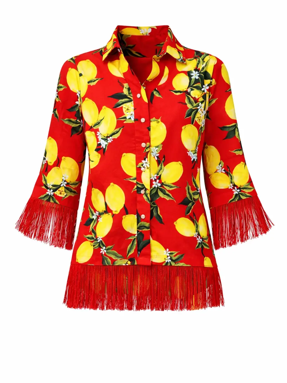 3/4 sleeve shirt in authentic 'Sicilian lemon' print and fringe