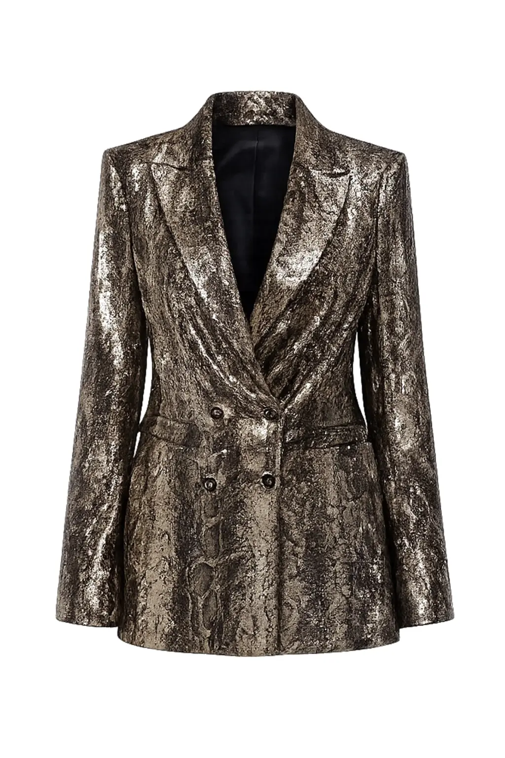 Double-breasted BV jacket in gold sequence Basharatyan V SS 26 csnake jacket front